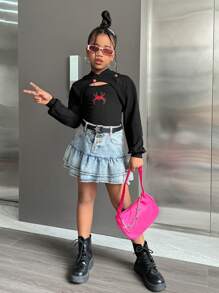 SHEIN 2pcs/Set Tween Girls Spider Embroidery Tank Top And Hoodie Set For Halloween - Black - View 6