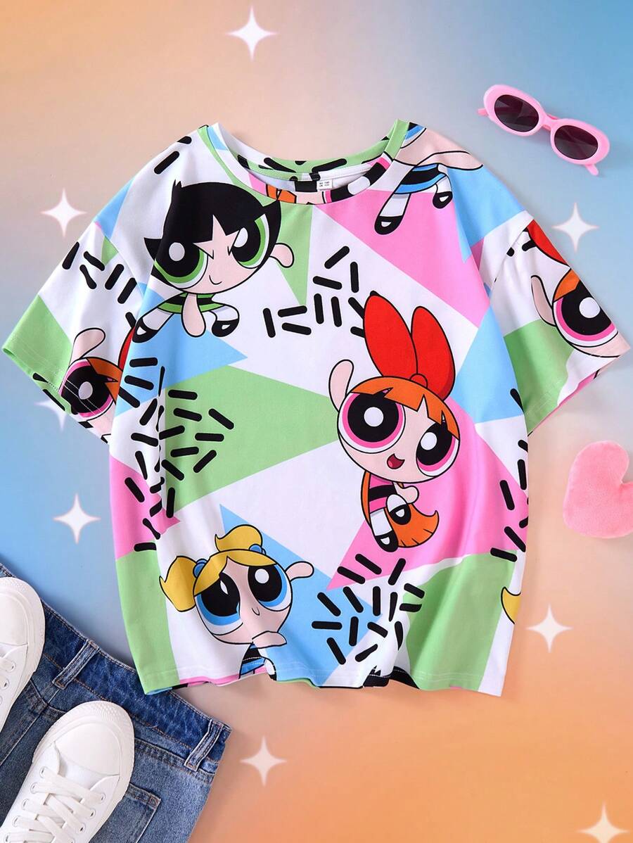 THE POWERPUFF GIRLS X SHEIN 青少年女孩卡通彩色三角形印花超大休闲短袖 T 恤,夏季 - 彩色 - 查看 1