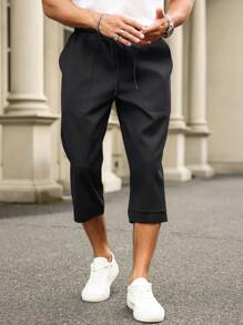 Manfinity Homme 大码男式纯色抽绳腰袋宽松七分裤 - 黑色 - 查看 6