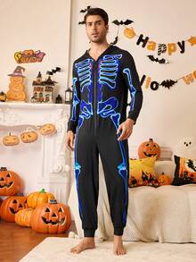 Manfinity Męska piżama kombinezonowa na Halloween, świecąca w ciemności, z nadrukiem czaszki i długim rękawem
