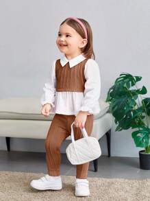 SHEIN 2pcs Baby Girls Casual Cute Knitted 2 In 1 Spliced Collar Long Sleeve Top & Elastic Waist Pants Set
