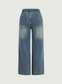 SHEIN MOD Quần jean ống loe thường ngày cỡ lớn dành cho nữ, màu xanh đau khổ - Rửa tối - Xem 2