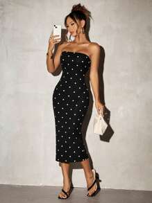 SHEIN SXY Prom Dress;Polka Dot Print Form-Fitting Sexy Mid-Calf Dress,Polka Dot Dress - Black - View 3