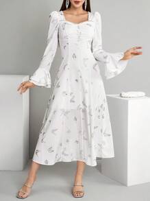 Modelyn Vestido elegante de manga de campana con escote de corazón, decoración de perlas falsas y estampado de mariposas, vestidos de noche largos de primavera y verano