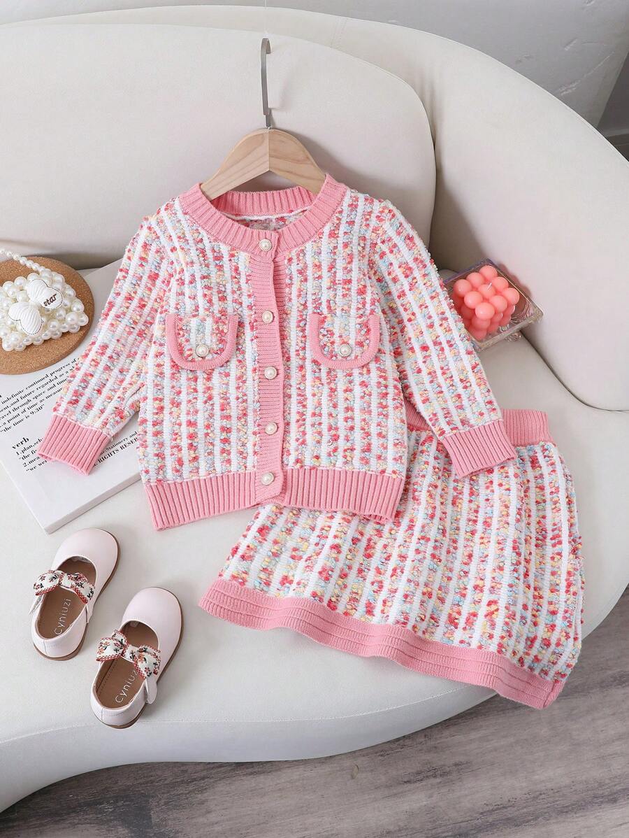 2pcs/Set Young Girls Floral Print Casual Long Sleeve Cardigan And Mini Skirt, Suitable For Daily Wear, School And Outings, Applicable For Autumn/Winter Seasons - Pink - View 1