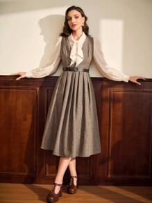 Vintamour Vintage Elegant Ladies' Fitted Belted Midi Dress With Pleated Hem Tall Women Fall Women Clothes Long Dress Winter Women Clothes Old Money Renaissance Dress Business Casual Women 90s Outfit Homecoming Dresses Fall Wedding Guest Dress Midi Women Dresses Renaissance Fair Thanksgiving Dress Business Women Clothes Old Money Dresses For Women Elegant
