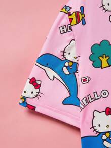 HELLO KITTY AND FRIENDS | SHEIN 少女卡通印花翻领短袖衬衫和长裤舒适睡衣套装 - 粉色 - 查看 10