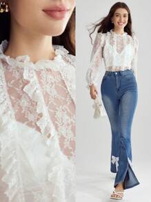 Enchnt Women's Elegant Solid Color Lace See-Through Shirt, Spring/Summer - White - View 1
