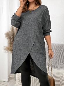 SHEIN Clasi 大码女式纯色圆领长袖简约休闲衬衫宽松款 - 淺灰色 - 查看 3