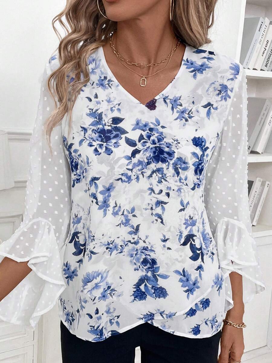 SHEIN Clasi Women's Spring & Summer Floral Print Contrast Mesh Flare Sleeve V-Neck Elegant Fall Clothes Halloween Costume Fall Wedding Winter Women Clothes Guest Fall Women Shirts Halloween Women Shirtswork Women Blouses Homecoming Blouse - Blue and White - View 1