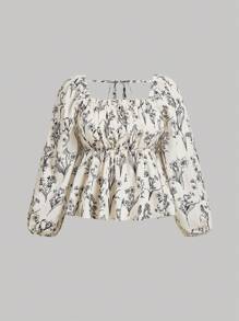 SHEIN MOD Camisa para mujer de talla grande con estampado floral vintage negro sobre fondo albaricoque, busto fruncido y bajo acampanado