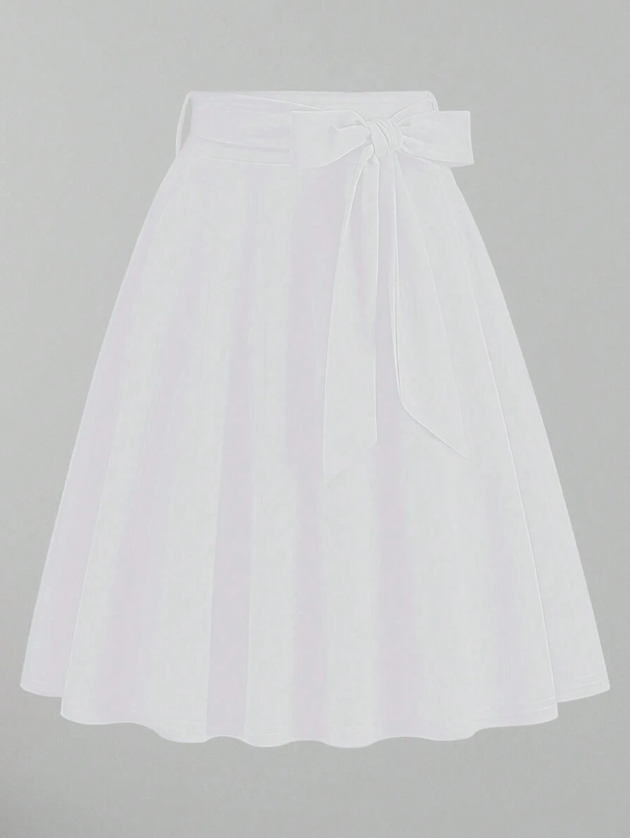 Chiquease Váy suông xếp ly thắt eo màu trơn đơn giản cho nữ - trắng - Xem 1