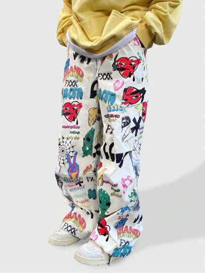 Street Life Men All-Over Print Drawstring Pocket Casual Pants, School