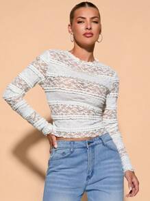 SHEIN BAE Áo ren viền ren bán trong suốt màu trắng thanh lịch cho ngày lễ mặc - trắng - Xem 5