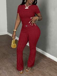 Slaydiva 2pcs Solid Color Knit Casual Set - Burgundy - View 6