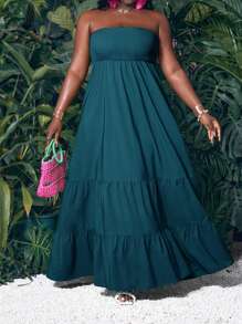 Slaydiva 大码女式度假休闲纯色编织无袖连衣裙，夏季 - 墨綠色 - 查看 4