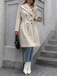 SHEIN Clasi 女士常规休闲办公室时尚商务腰带连帽长袖常规羊毛外套保暖 - 杏色 - 查看 7