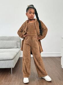 3 件套 Tween 女童休闲保暖双面羊毛连帽夹克、背心和阔腿裤套装 - 棕色 - 查看 5