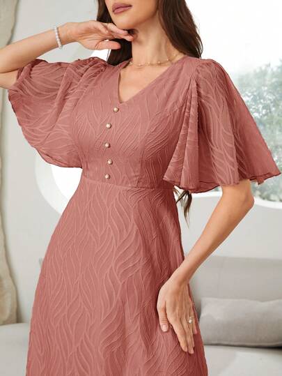 Modelyn 女士 V 领荷叶边袖时尚派对聚会配套连衣裙，优雅晚会礼服长款晚礼服