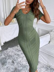 SHEIN Clasi Summer Casual Solid Color Slim-Fit Short Sleeve Sweater Dress - Army Green - View 6