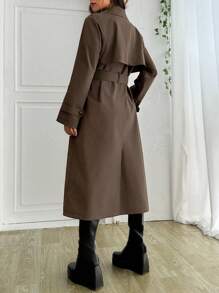 SHEIN EZwear 女士时尚双排扣系带长款风衣，秋季 - 摩卡棕 - 查看 2