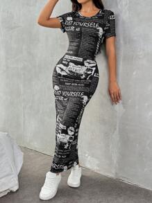 SHEIN EZwear Newspaper Print Dress - Black - View 5