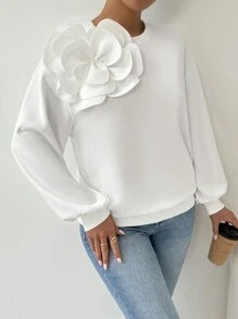 Chiquease 女士3D立体花卉宽松休闲落肩套头卫衣秋季卫衣 - 白色 - 查看 3