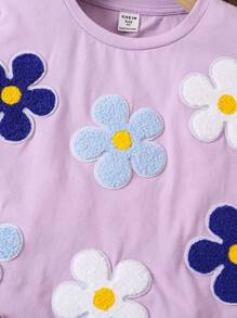 SHEIN LMoss Kids LMoss 年轻女孩宽松可爱花卉印花短袖圆领落肩 T 恤 - 紫色 - 查看 4