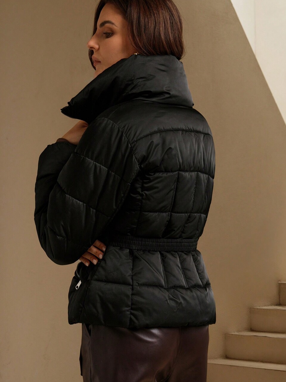 Women's Short Solid Color Fitted Stand Collar Padded Coat, Winter