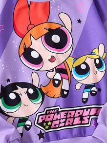 THE POWERPUFF GIRLS X SHEIN 少女卡通印花时尚紫色圆领运动衫和黑色字母印花紧身裤套装 - 紫丁香色 - 查看 2