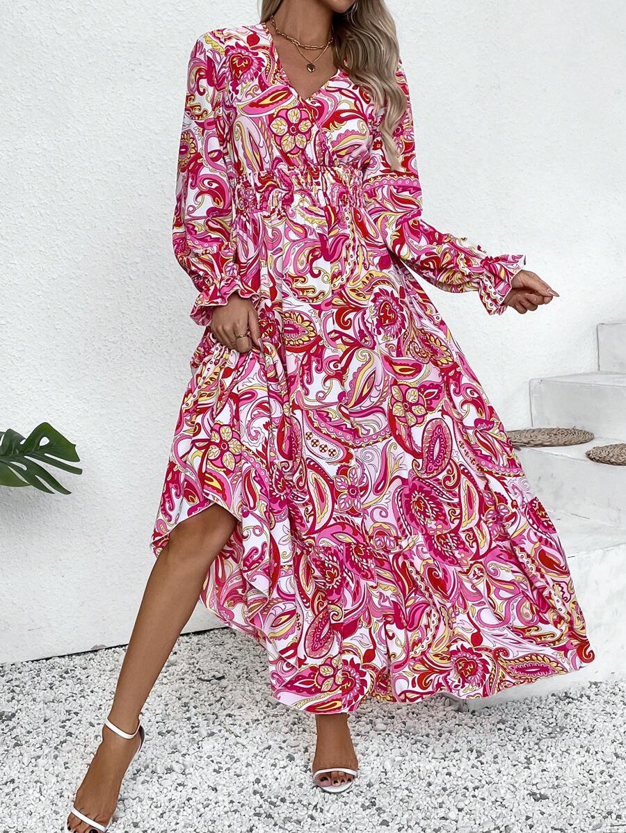 Chiquease Paisley Pattern Cinched Waist Shirred Long Sleeve Flared Midi Dress - Multicolor - View 1