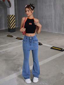 SHEIN 少女Y2K风格拼接口袋二合一喇叭牛仔裤，返校季秋季款 - 中等水洗藍 - 查看 4