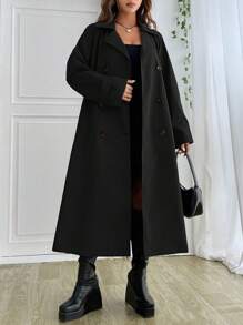 SHEIN EZwear 雙排釦腰帶風衣外套 - 黑色 - 查看 3