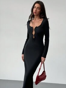 Aloruh Đầm maxi đen dài tay cổ chữ V khoét sâu hiện đại dành cho nữ - màu đen - Xem 2