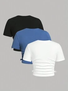 SHEIN Leap Crew 3入組少女短袖針織純色t恤,褶皺蝴蝶結細節 - 彩色 - 查看 2