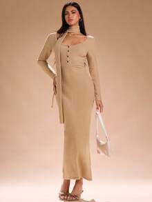 SHEIN SXY 高领长袖紧身秋季连衣裙，适合秋季女士服装 - 卡其色 - 查看 4