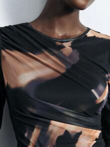 Maija Women's Black Pleated Tie-Dye Pattern Fashionable Versatile Sexy Fitted Long Sleeve Mini Dress, Suitable For St. Patrick's Day, Spring Festival, Music Festival, Autumn Outfit, Casual Black Dress - Black - View 2