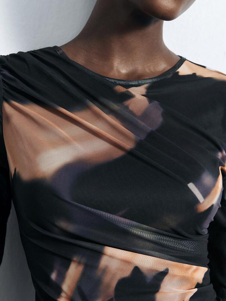 SHEIN Maija Women's Black Pleated Tie-Dye Pattern Fashionable Versatile Sexy Fitted Long Sleeve Mini Dress, Spring Festival, Music Festival, Casual Black DressWomen Easter Summer Outfits Easter Dress Women Party Top Beach Dress Summer Holiday Outfits Each Vacation Outfits For Women  Summer Outfit For Women Going Out Outfits Graduation Graduation Outfit  Casual Dresses  Casual Blouses For Women
