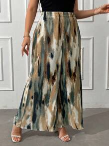 Celure Plus Size Casual Tie-Dye Printed Wide Leg Pants - Green - View 5