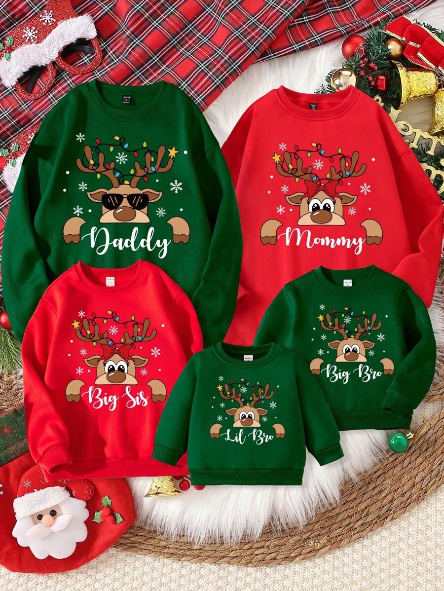SHEIN 5 piezas/set Sudadera de felpa con estampado de reno, luces, copos de nieve y letras casual para niños pequeños, adecuada para fiesta familiar navideña, otoño/invierno - Verde Oscuro - Ver 1