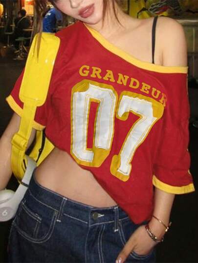 INAWLY Women's Casual Loose Asymmetric Neck Drop Shoulder Printed Number T-Shirt, Summer Graphic Tees Women Tops