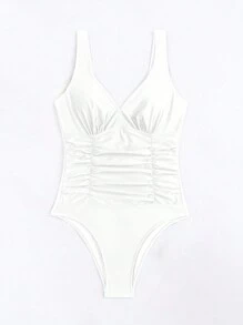 Swim Basics Women's Ruched Sleeveless One-Piece Bathing Suit, Stylish And Sporty Summer - White - View 3