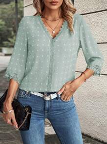 EMERY ROSE Women's Contrast Lace V-Neck 3/4 Sleeve Loose Elegant Blouse, Summer - Multicolor - View 4