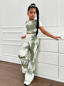 SHEIN 青少年女孩扎染圆领短袖上衣和喇叭裤休闲运动装，春夏 - 軍綠色 - 查看 4