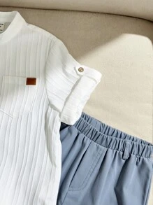 SHEIN 2pcs/Set Young Boy College Style Casual Comfortable Minimalist Versatile Soft Loose Textured Breathable Shirt And Relaxed Cargo Pants Outfit, Spring Summer - Multicolor - View 4