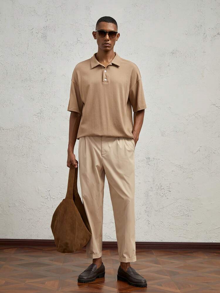 メンズ ラグランスリーブ カジュアルポロシャツ スリムフィット 夏用 テクスチャー編み