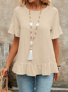 EMERY ROSE Camisa casual holgada para mujer de verano con cuello redondo, dobladillo con volantes y unicolor - Albaricoque - Ver 3
