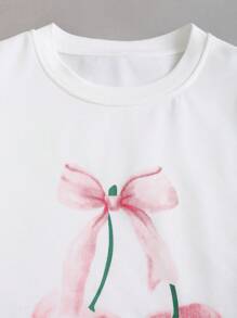 Flirla Women's Cherry Blossom Bow Print Crew Neck Long Sleeve Sweatshirt