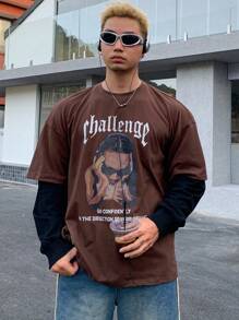 DAZY 男士圆领字母图案时尚二合一T恤，秋季长袖男士衬衫 - 棕色 - 查看 3