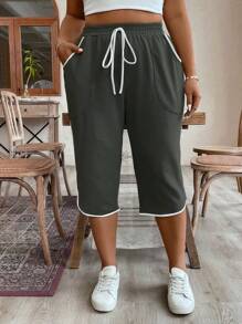 SHEIN LUNE Plus size dam med dragsko i midja med fickor Casual Capri träningsbyxor - Ljusgrå - Visa 5
